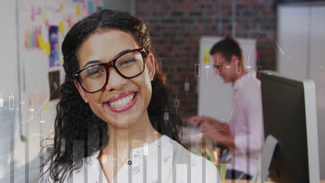 Animation-of-financial-graphs-over-happy-biracial-businesswoman-in-office