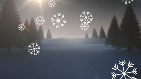 Animation-of-snow-falling-and-light-spots-over-winter-landscape-at-christmas
