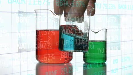 Animation-of-financial-data-processing-over-hand-of-lab-worker-pouring-solutions-in-glasses