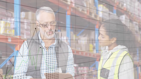 Animation-of-financial-graphs-over-diverse-female-and-male-warehouse-workers-making-notes