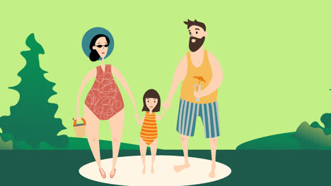 Animation-of-family-holding-hands-and-wearing-swimming-suits-on-green-background