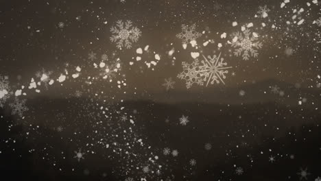 Animation-of-shooting-star-and-snow-falling-over-mountains-on-brown-background
