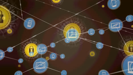 Animation-of-network-of-connections-over-padlocks-on-brown-background