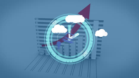 Animation-of-clouds-with-icons-over-graph-with-arrow-and-moving-clock