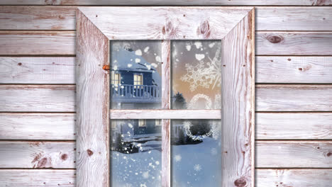 Animation-of-snow-falling-and-christmas-fireworks-with-house-in-winter-scenery-seen-through-window