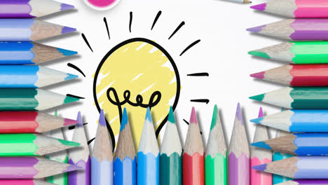 Animation-of-coloured-pencils-over-light-bulb-on-white-background