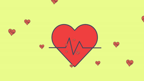 Digitale-Animation-Mehrerer-Herzfrequenzsymbole,-Die-Vor-Gelbem-Hintergrund-Schweben
