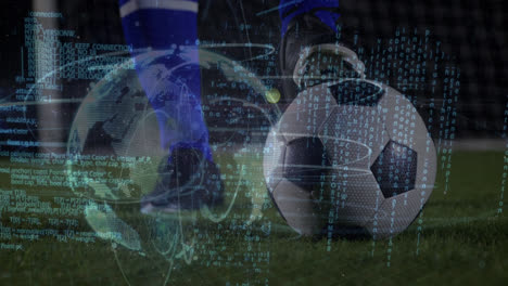 Animation-of-globe-rotating-and-data-processing-over-legs-of-male-soccer-player