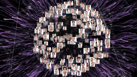 Animation-of-network-of-connections-with-photos-of-diverse-people-on-black-background