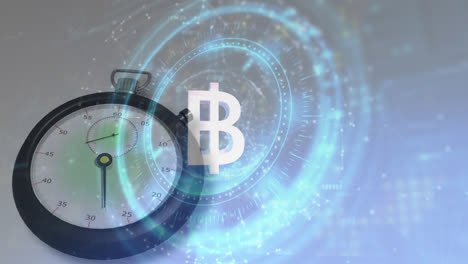 Bitcoin-Symbol-über-Rundem-Neon-Scanner-Gegen-Stoppuhr-Auf-Grauem-Hintergrund