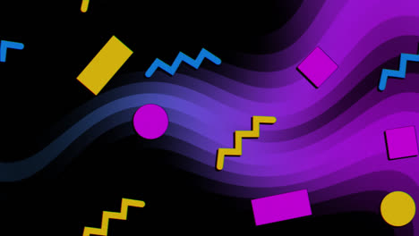 Animation-of-diverse-shapes-over-black-background-with-blue-and-violet-waves