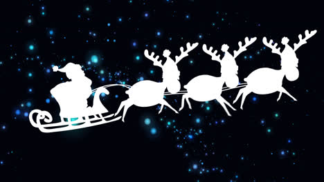 Animation-of-santa-sleigh-over-lights-on-black-background