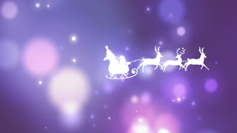 Animation-of-santa-sleigh-over-lights-on-purple-and-pink-background
