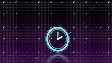 Animation-of-clock-moving-in-violet-digital-space-with-dots