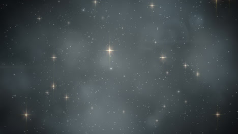 Animation-of-glowing-christmas-stars-and-spots-flashing-on-night-sky-background