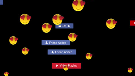 Animation-Fallender-Social-Media-Symbole-Und-Emojis-Auf-Schwarzem-Hintergrund