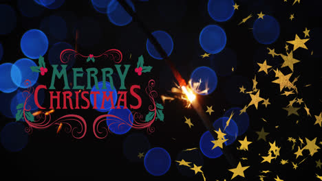 Animation-of-merry-christmas-text-over-falling-stars-and-spots-of-ligts
