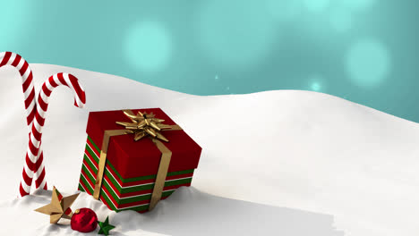 Animation-Von-Geschenken-Und-Weihnachtsbonbons,-Die-Auf-Schnee-Liegen,-Mit-Blauen-Lichtern-Im-Hintergrund