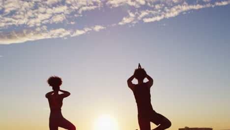 Rückansicht-Eines-Afroamerikanischen-Paares,-Das-Bei-Sonnenuntergang-Gemeinsam-Auf-Felsen-In-Der-Nähe-Des-Meeres-Yoga-Praktiziert