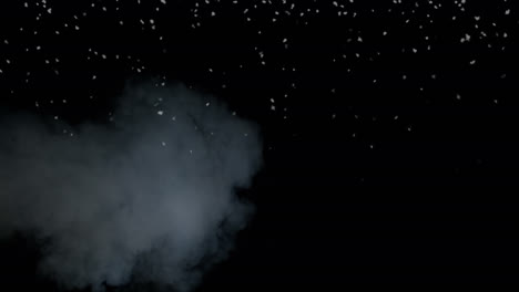 Animation-Von-Weihnachtlichen-Schneeflocken,-Die-über-Rauch-Auf-Schwarzem-Hintergrund-Fallen