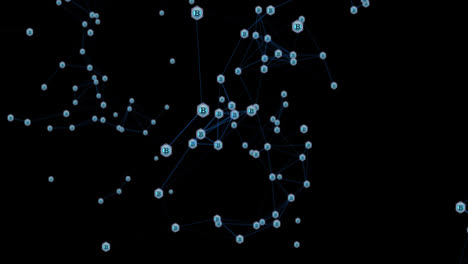 Animation-of-blue-network-of-connections-with-bitcoin-symbols-spinning-on-black-background