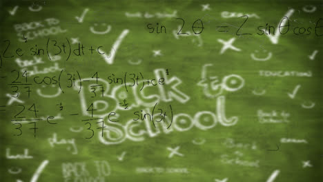 Animation-of-mathematical-equations-over-back-to-school-text-on-green-background