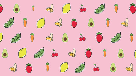 Animation-of-diverse-cartoon-food-floating-on-pink-background