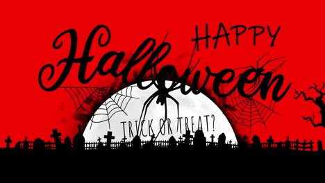 Animation-of-happy-halloween-trick-or-treat-with-spider,-cemetery-on-red-background