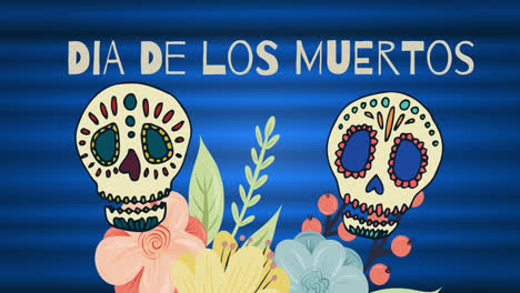 Animation-Des-Dia-De-Los-Muertos-über-Dekorativen-Totenköpfen-Auf-Blauem-Hintergrund-Mit-Blumen