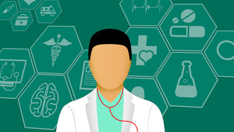 Digitale-Animation-Eines-Männlichen-Arztsymbols-Und-Mehrerer-Medizinischer-Symbole-Vor-Grünem-Hintergrund