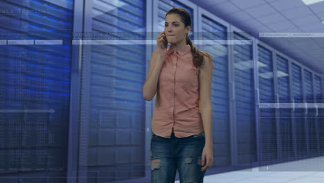 Animation-of-caucasian-woman-using-smartphone-over-computer-servers