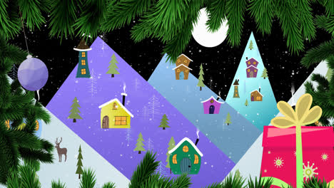 Animation-of-winter-scenery-over-snow-falling-and-fir-trees-at-christmas