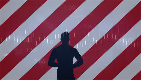 Animation-of-american-flag-with-man's-silhouette-and-statistics-processing