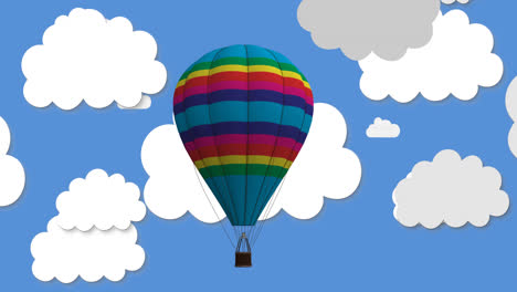 Animation-Eines-Fliegenden-Ballons-Mit-Korb-über-Wolken-Auf-Blauem-Hintergrund