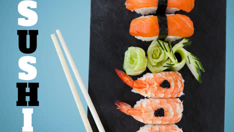 Animation-of-sushi-and-sushi-plate-with-sticks-on-blue-background