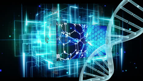 Animation-Von-Molekülen,-Bildschirm-Mit-Chemischen-Strukturen,-DNA-Strang-Und-Datenverarbeitung