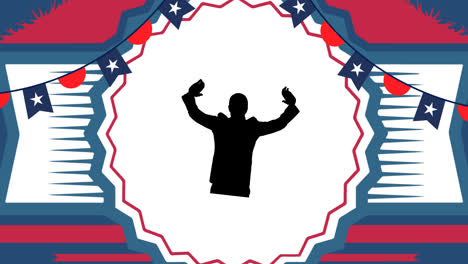 Animation-of-silhouette-of-man-raising-hands-over-american-flag