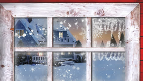 Wooden-window-frame-against-happy-holidays-text-and-snow-falling-over-winter-landscape