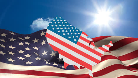 Animación-De-Estados-Unidos-Coloreada-Con-Bandera-Americana-Sobre-Nubes-Y-Bandera-Americana