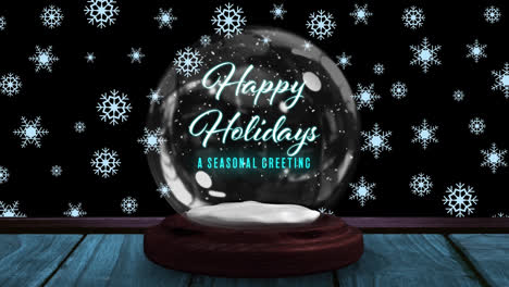 Animation-of-happy-holidays-text-in-snow-globe-at-christmas-over-snow-falling