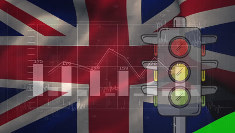 Animation-of-financial-data-processing-over-traffic-lights-and-flag-of-uk