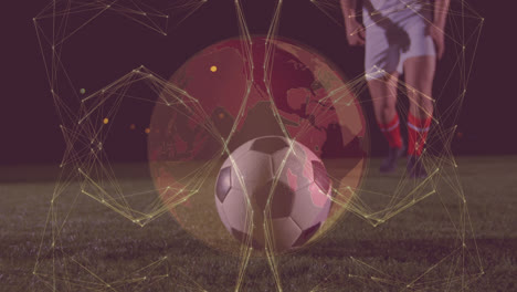 Animation-of-globe-rotating-with-network-of-connections-over-legs-of-caucasian-male-soccer-player