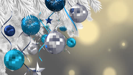 Animation-of-baubles-hanging-on-christmas-tree-on-beige-background-with-lights
