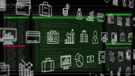 Animation-Von-Geschäftssymbolen-über-Die-Datenverarbeitung-Auf-Schwarzem-Hintergrund