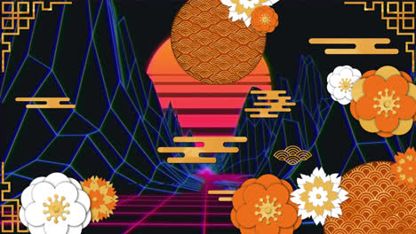 Animation-of-falling-orange-flowers-over-digital-landscape-with-sun