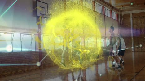 Animation-of-yellow-smoke-and-network-of-connections-over-diverse-male-basketball-players
