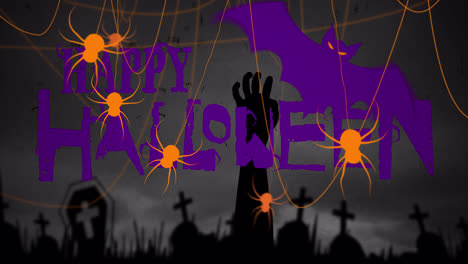 Animationn-of-happy-halloween,-spiders-and-cemetery-on-purple-background