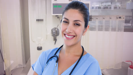 Animation-of-smiling-caucasian-female-doctor-with-stethoscope-over-blue-ribbon
