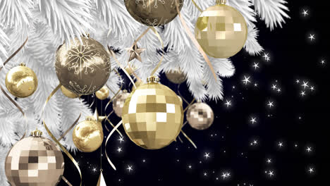 Animation-of-baubles-hanging-on-christmas-tree-on-black-background-with-stars