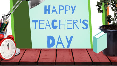 Animation-of-happy-teacher's-day-over-school-items-icons-on-green-background